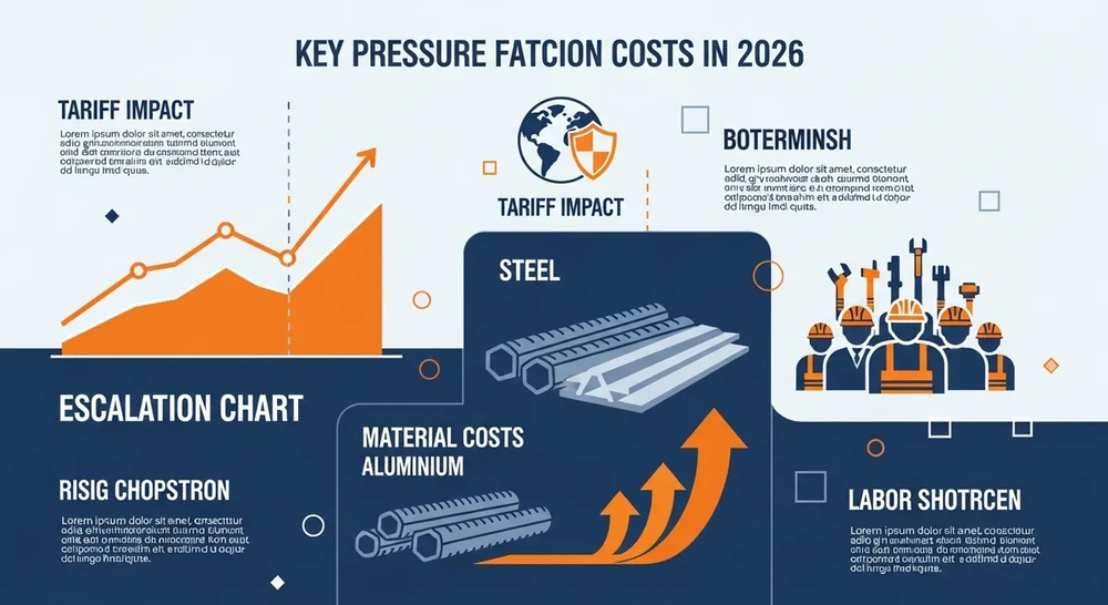 Infographic showing 2026 commercial construction cost pressure factors including tariffs, labor shortage, and material escalation