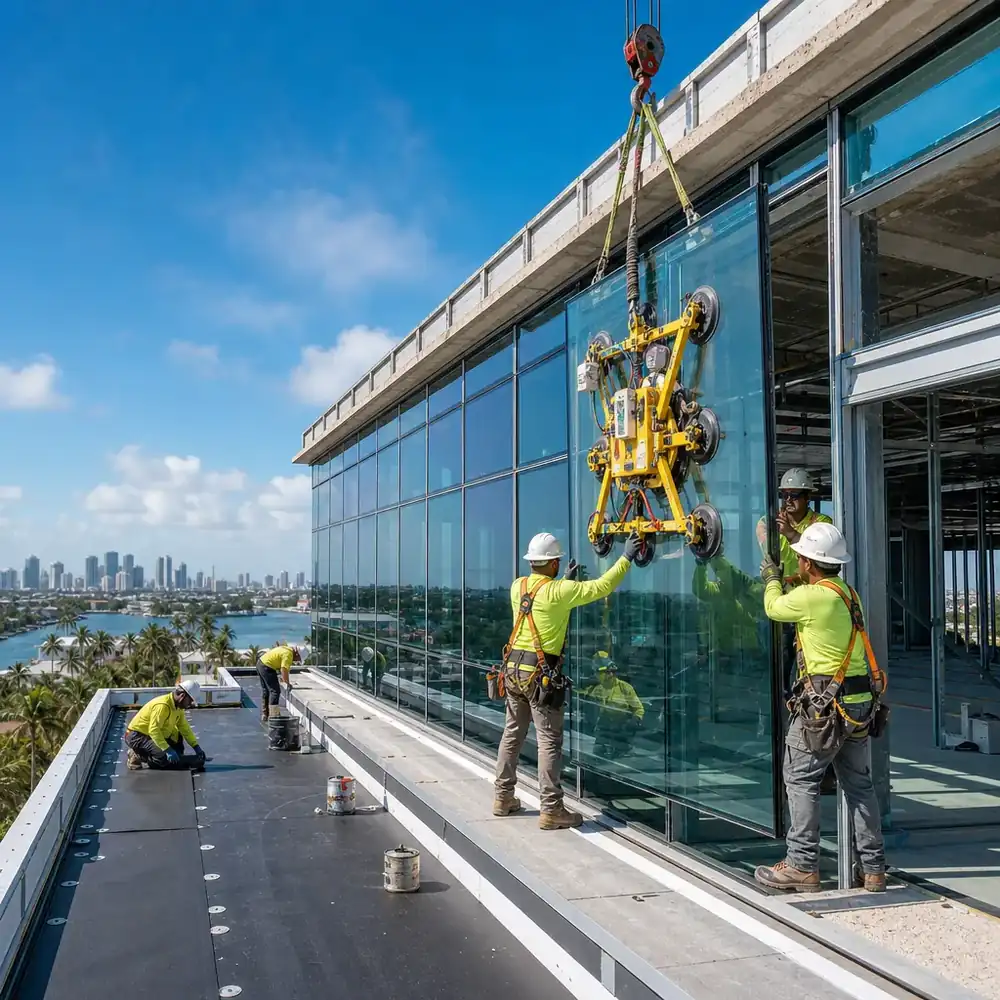 Construction crew installing an impact-resistant glass curtain wall on a South Florida commercial building