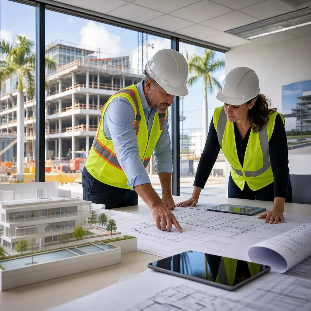 Commercial contractor and architect reviewing blueprints during pre-construction planning