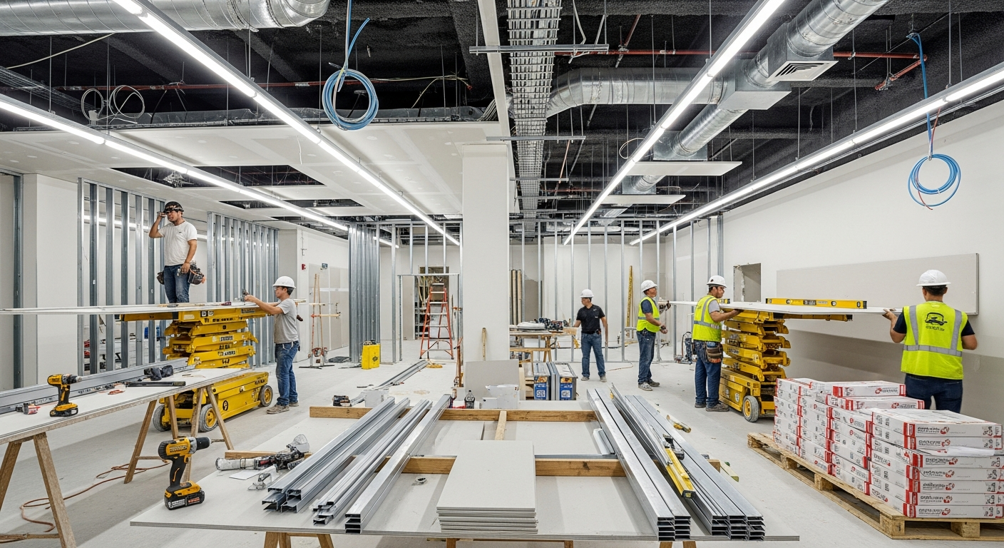 Commercial interior renovation showing hard cost improvements including new flooring, lighting, and framing work