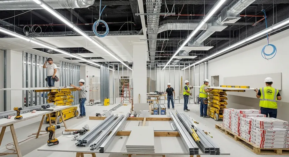 Commercial interior renovation showing hard cost improvements including new flooring, lighting, and framing work