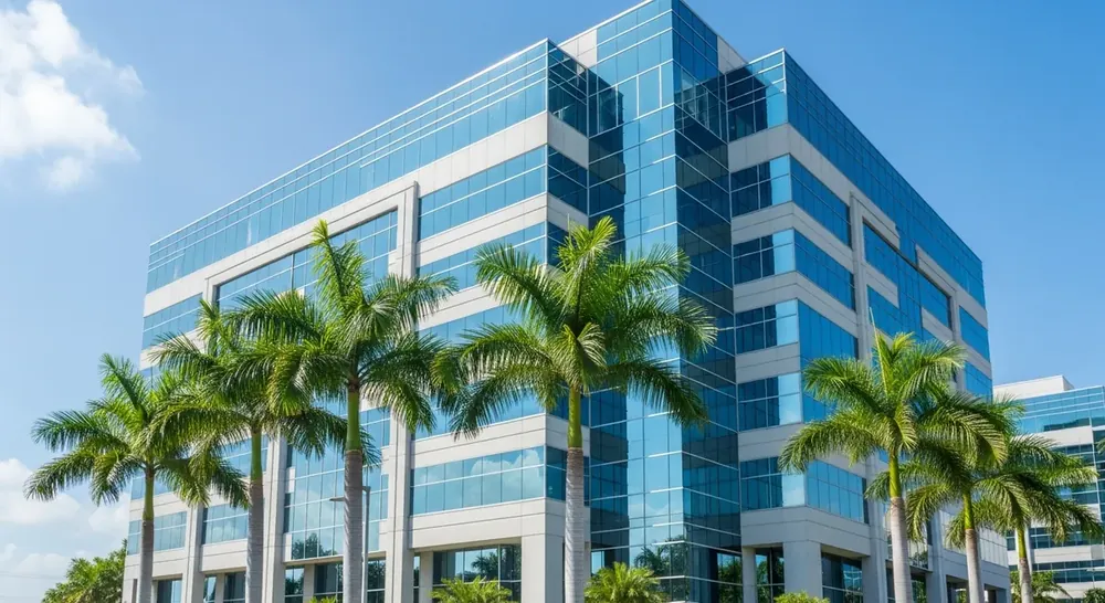 Completed modern commercial office building with glass curtain wall facade in South Florida