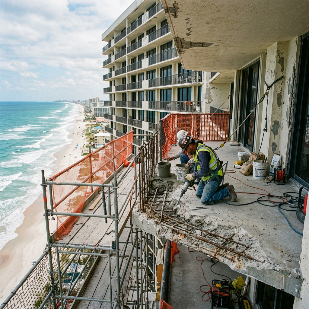 Workers repairing spalled concrete and exposed rebar on a coastal Florida high-rise balcony