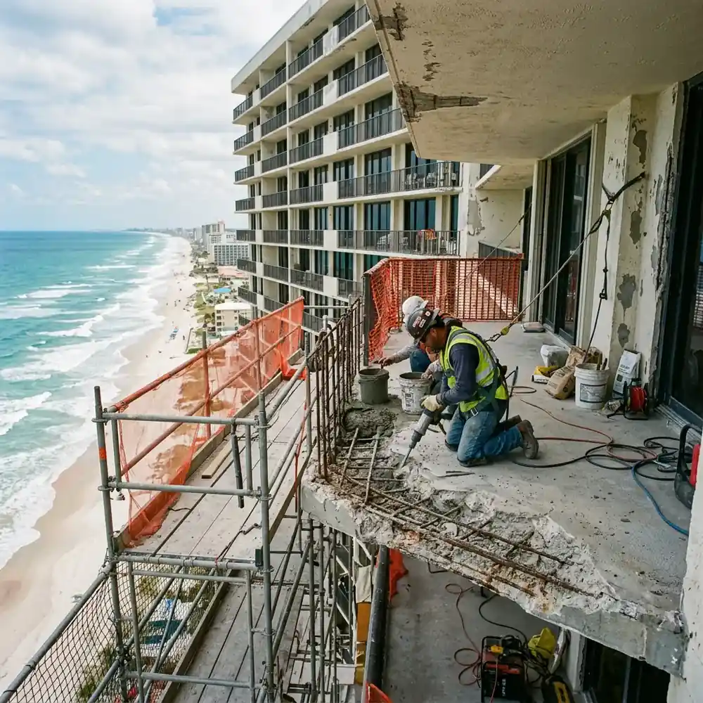 Workers repairing spalled concrete and exposed rebar on a coastal Florida high-rise balcony