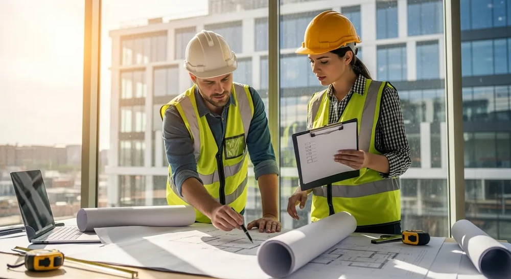 Financial documents and lease agreements alongside construction blueprints representing ASC 842 lease accounting