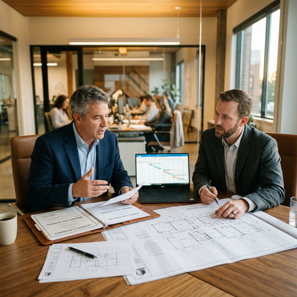 Property owner and general contractor reviewing licensing documents, insurance certificates, and blueprints