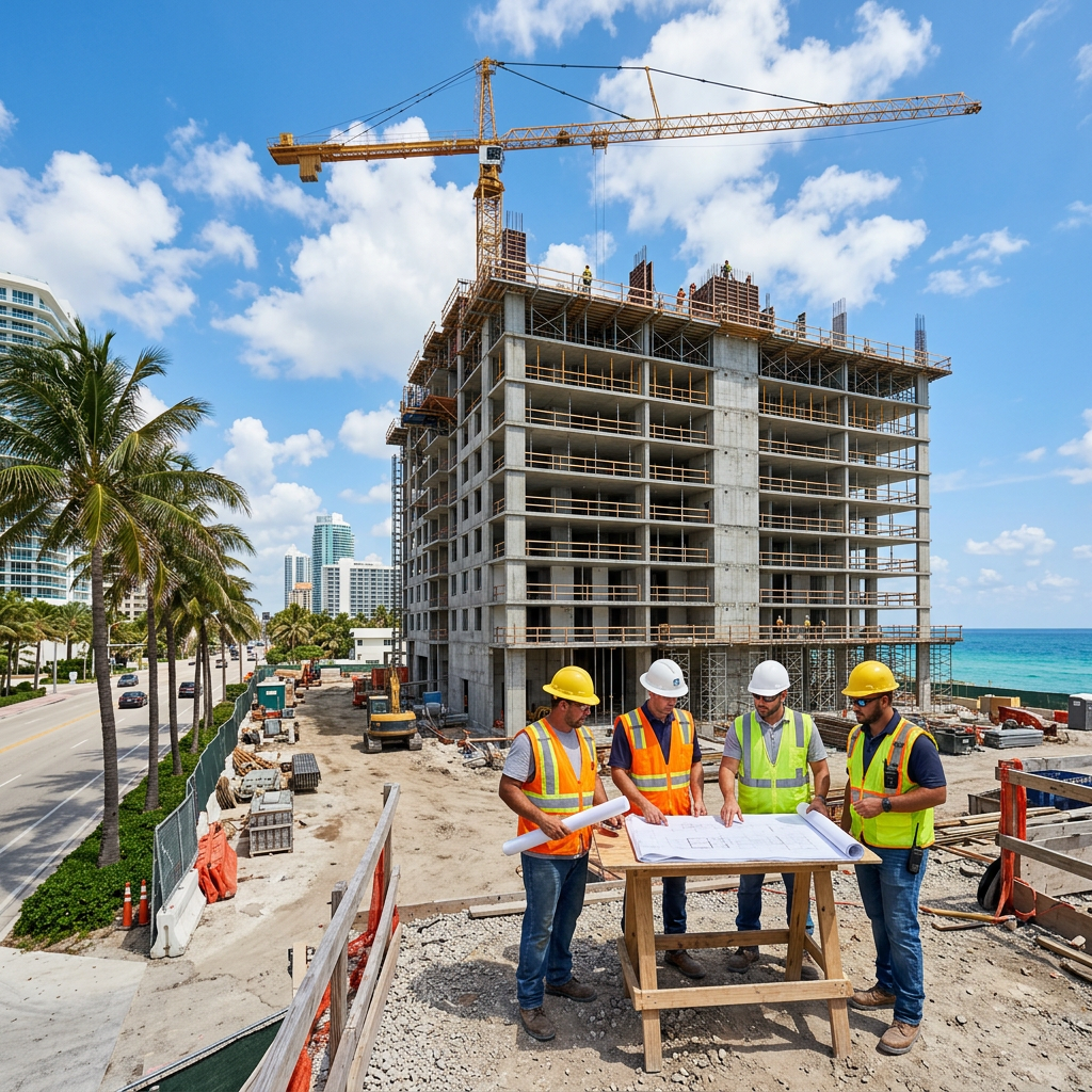 Commercial construction crew reviewing plans beside a mid-rise concrete structure in South Florida