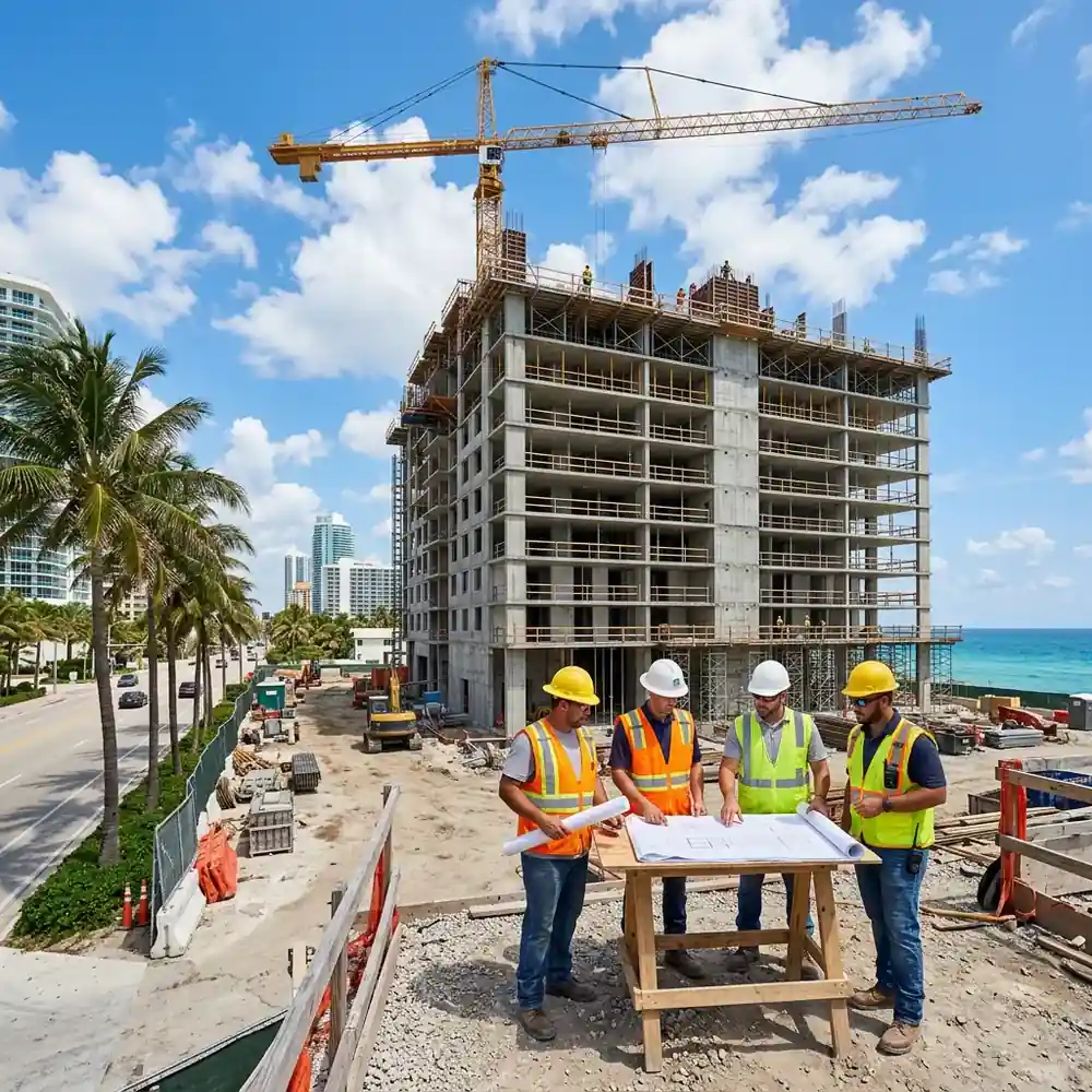 Commercial construction crew reviewing plans beside a mid-rise concrete structure in South Florida