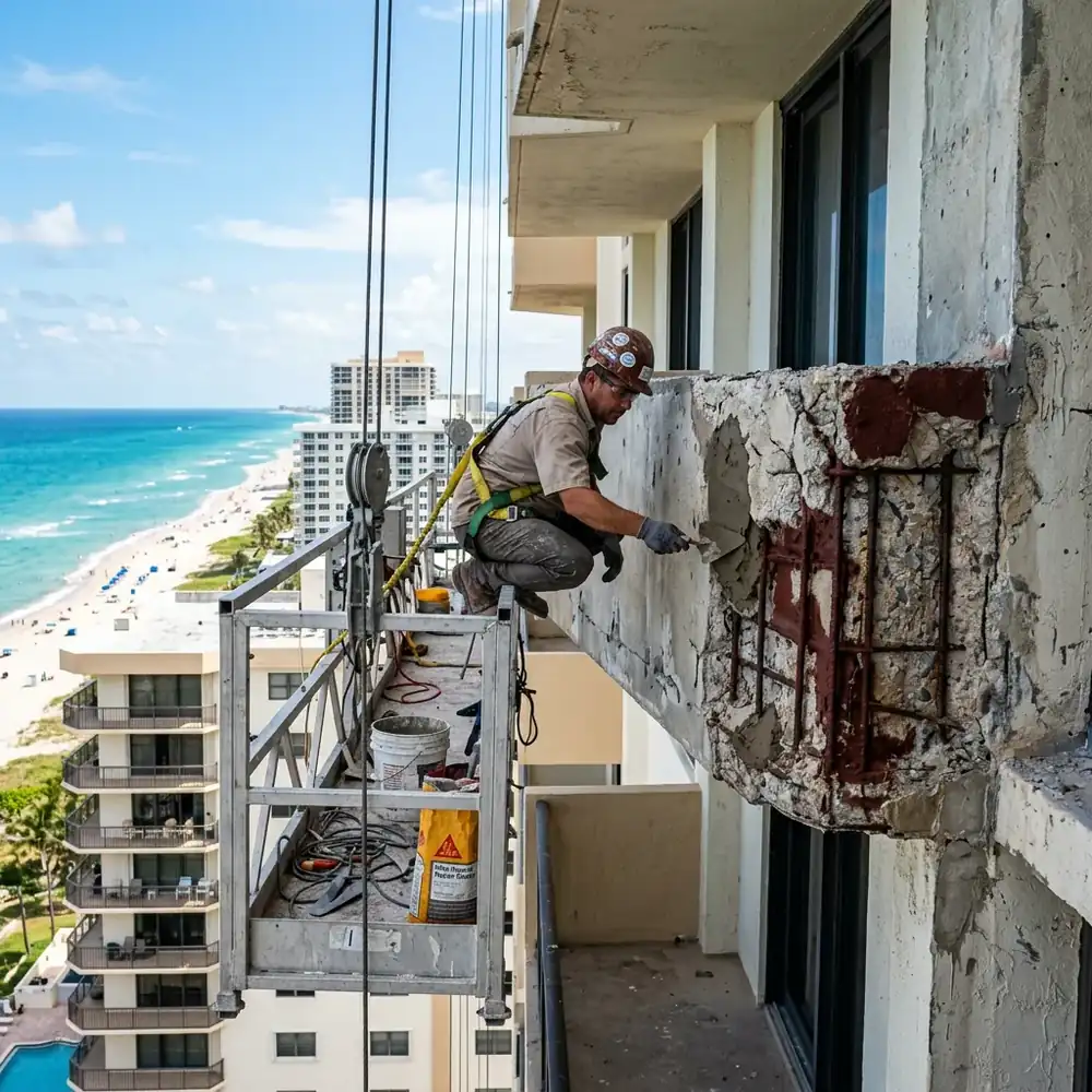 Worker performing structural concrete restoration on a spalled Florida condominium balcony with exposed rebar