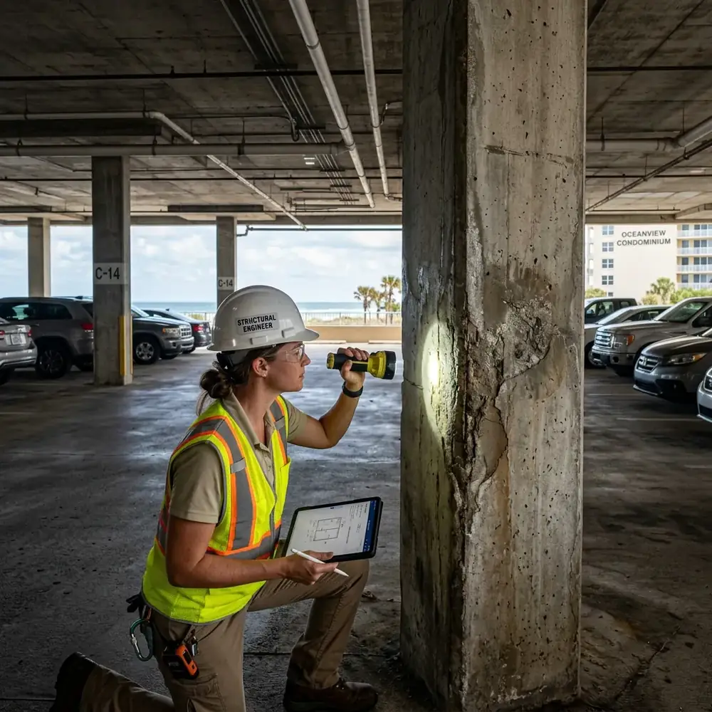 Licensed engineer performing a milestone structural inspection of a concrete column in a Florida condominium parking garage