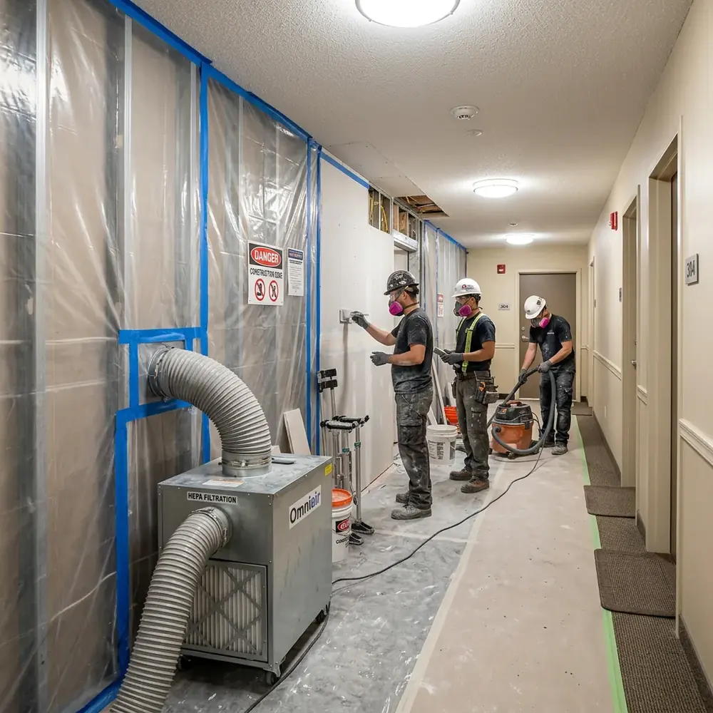 Occupied condominium renovation corridor with plastic containment barriers and HEPA-filtered negative air pressure equipment