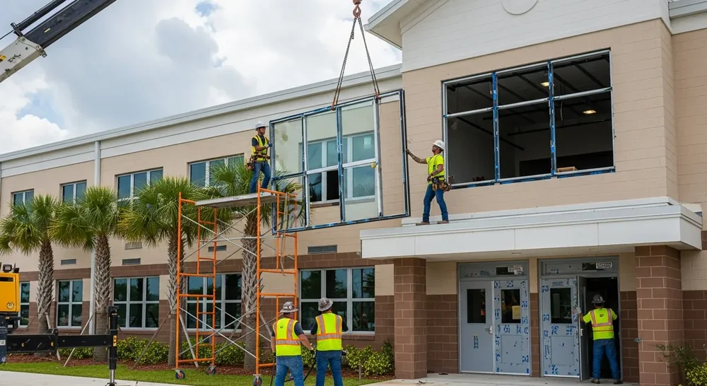 Commercial construction crew installing hurricane impact-resistant windows and reinforced doors on a Florida school building