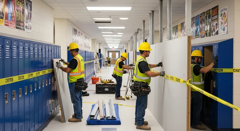 Construction crew installing dust-proof barriers and hoarding panels inside an active school hallway during renovation