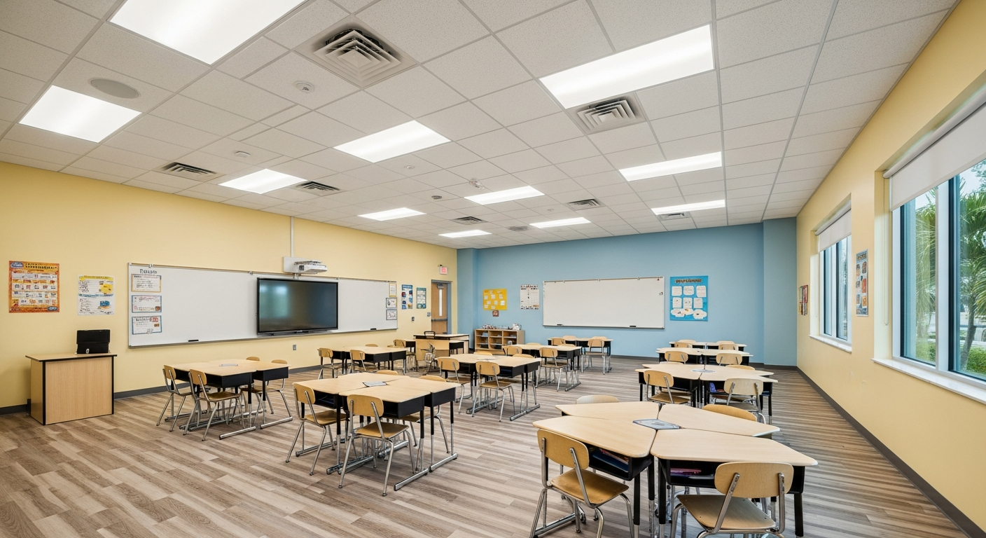 Modern renovated Florida public school classroom with new LED lighting, energy-efficient HVAC, and clean finishes