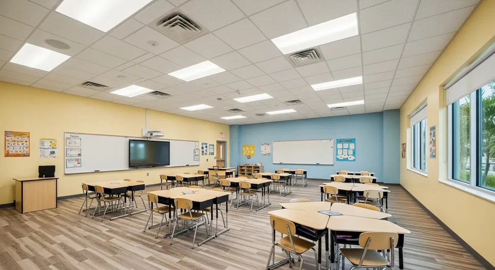 Modern renovated Florida public school classroom with new LED lighting, energy-efficient HVAC, and clean finishes
