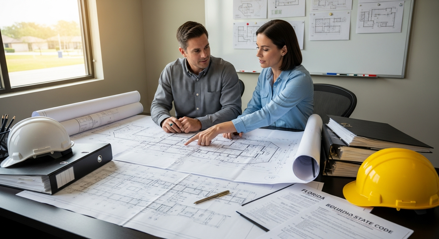 Construction project manager and architect reviewing Florida educational facility blueprints and SREF compliance documents
