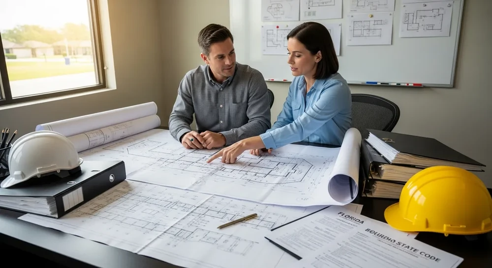 Construction project manager and architect reviewing Florida educational facility blueprints and SREF compliance documents