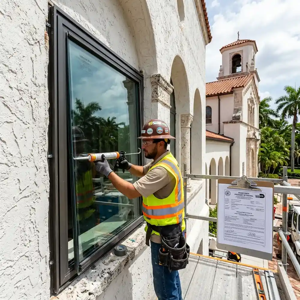 Worker installing hurricane impact-resistant laminated glazing on a religious building in South Florida