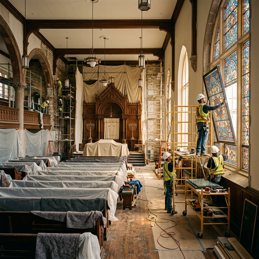 Synagogue sanctuary interior mid-renovation with protected pews and workers installing new stained glass windows