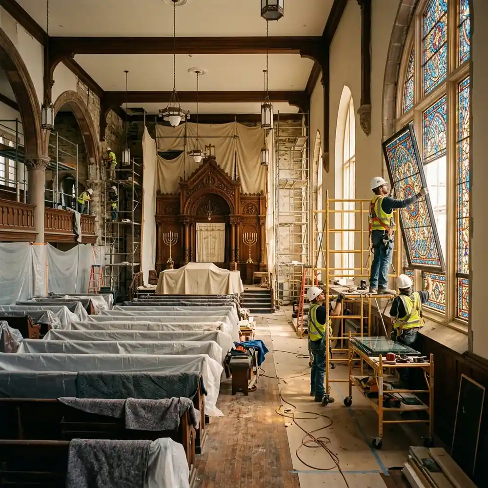 Synagogue sanctuary interior mid-renovation with protected pews and workers installing new stained glass windows