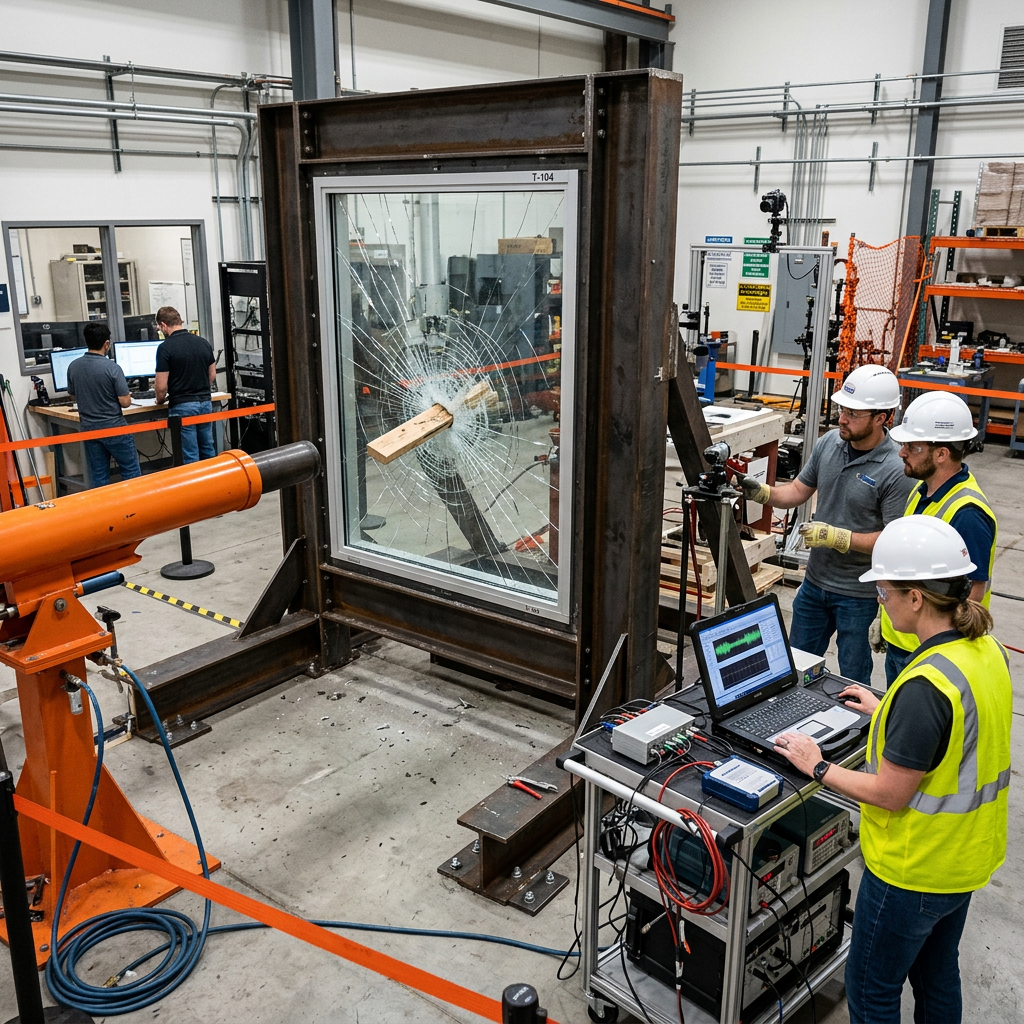 Hurricane impact test laboratory with a laminated glass specimen mounted in a steel test frame