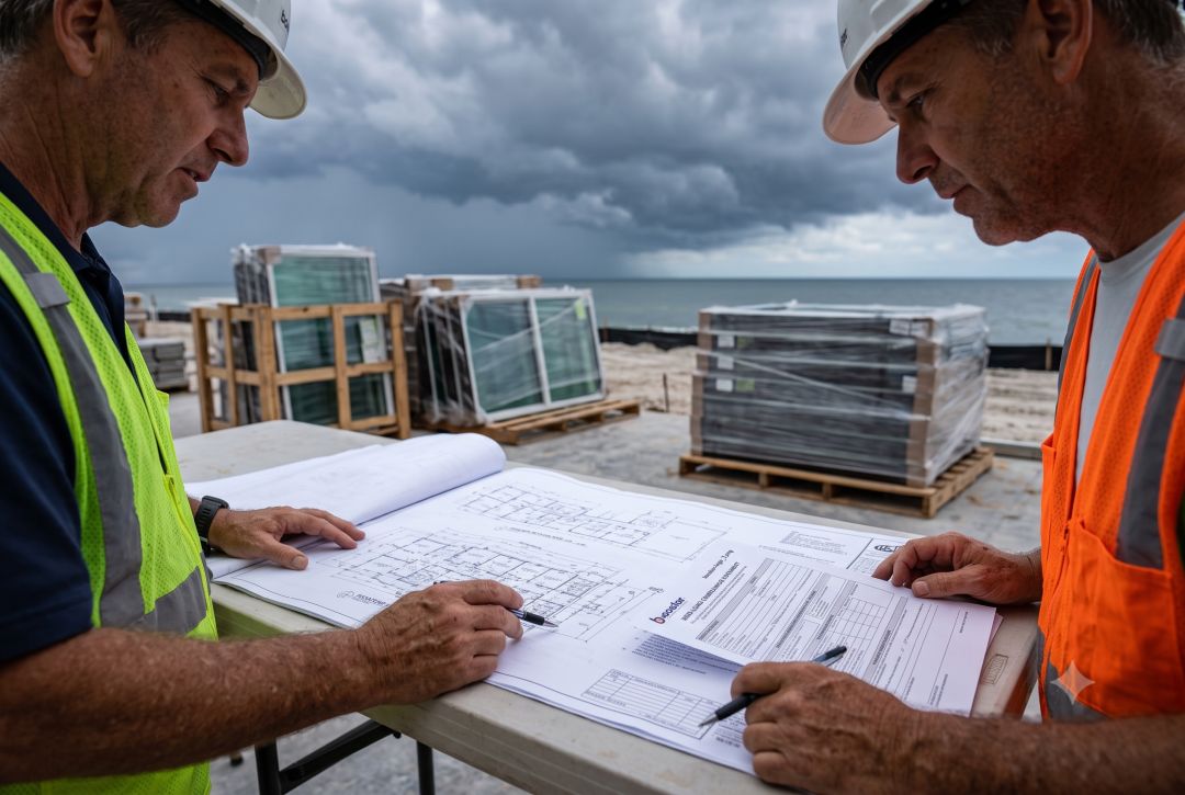 Two Booster Construction contractors reviewing blueprints on a coastal South Florida job site under storm clouds