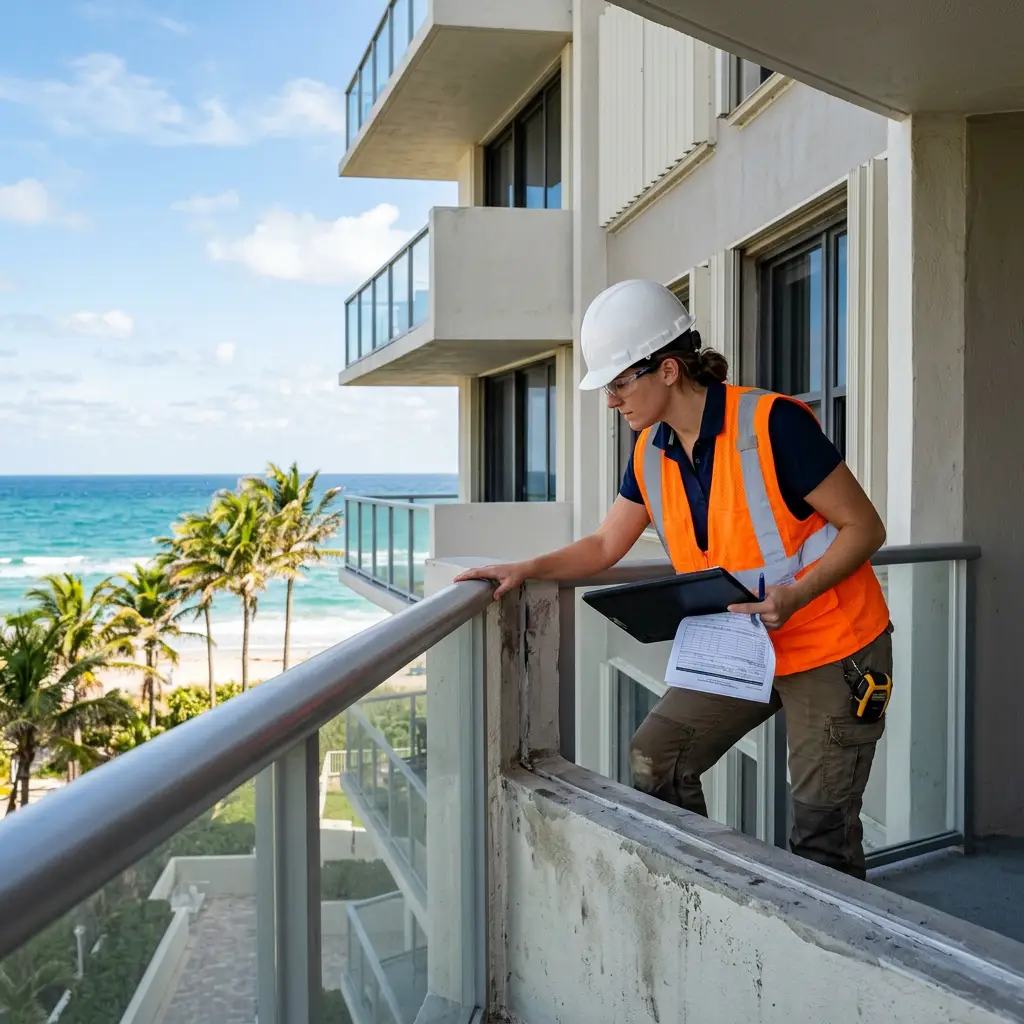 Engineer inspecting a coastal Florida condominium balcony and exterior envelope with the ocean in the background