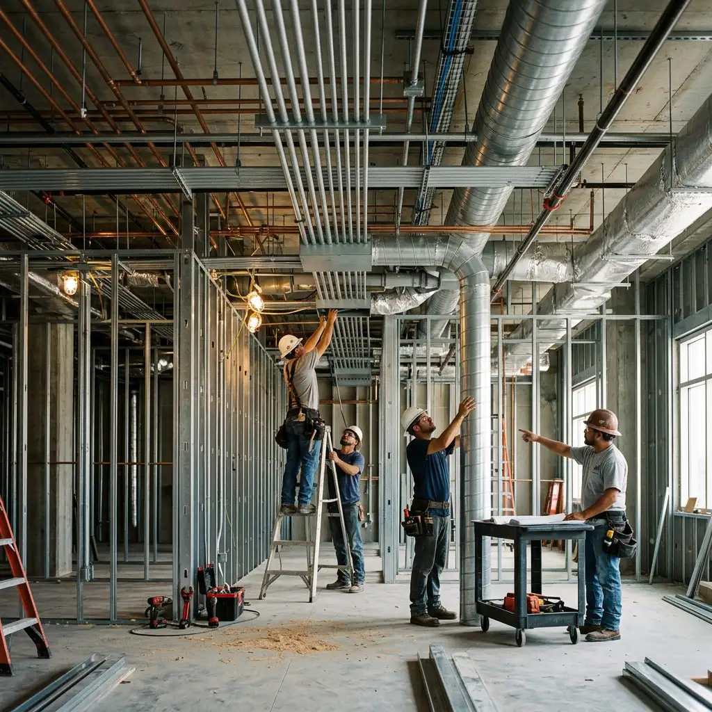 Commercial construction crew coordinating ductwork, conduit, framing, and other MEP systems inside a South Florida build-out
