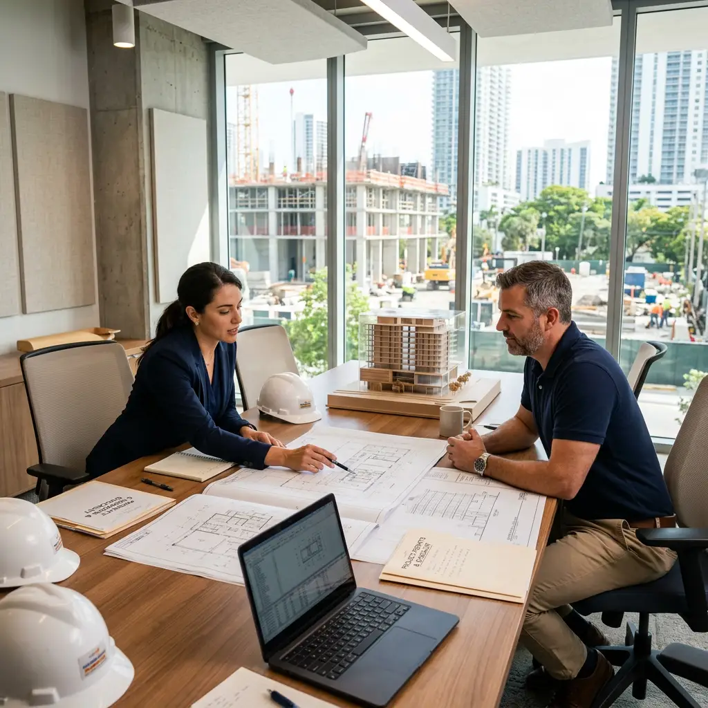 Commercial contractor and architect reviewing Boca Raton project plans, a building model, and a permit checklist during pre-construction