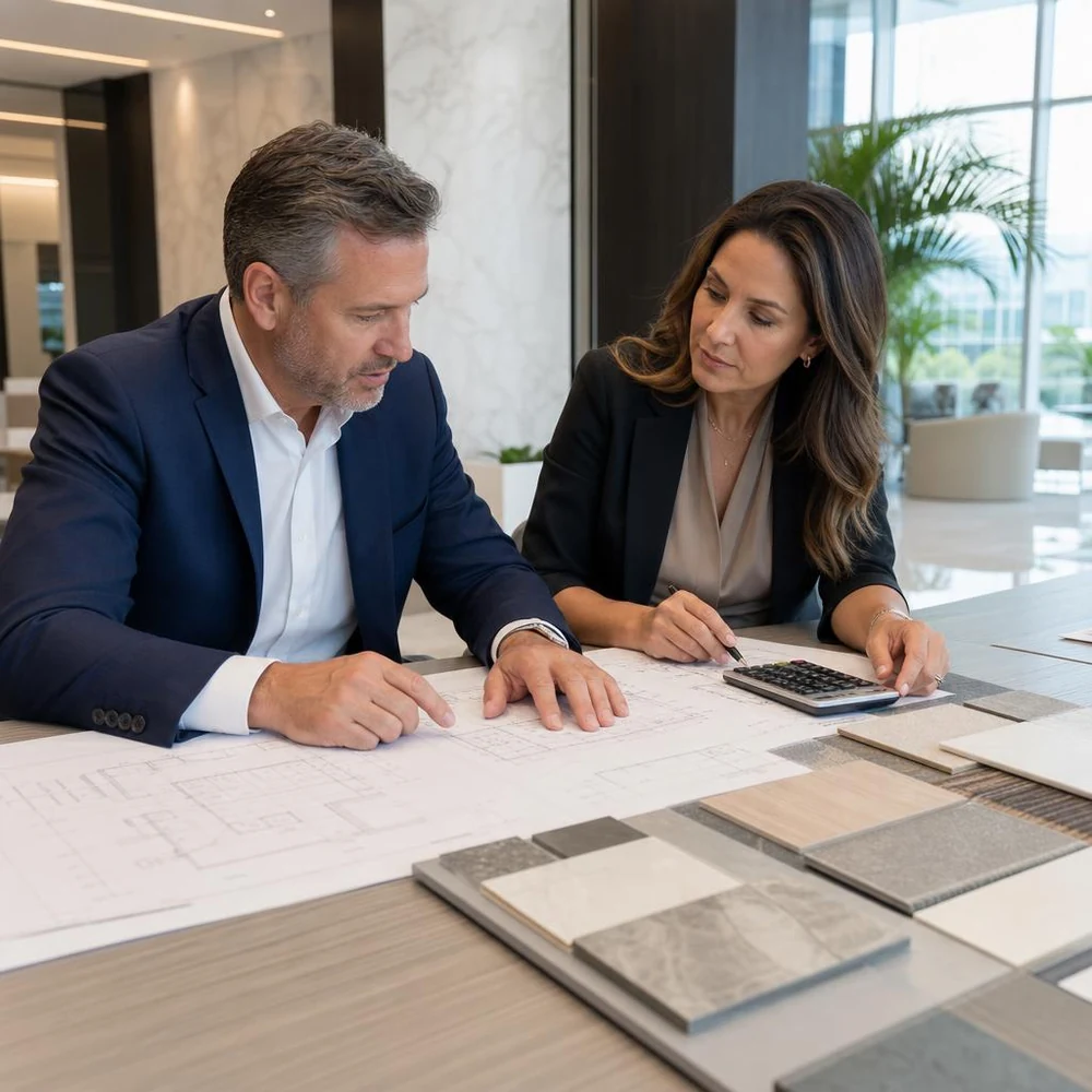 Property manager and commercial construction estimator reviewing plans, material samples, and a calculator at a lobby table