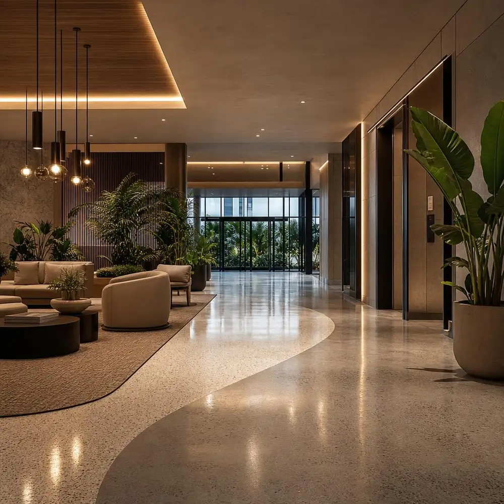 Modern commercial lobby with polished concrete, custom terrazzo flooring, layered lighting, and tropical plants