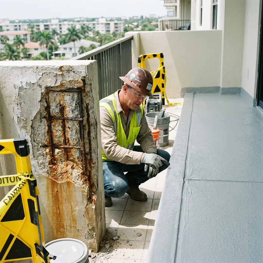 Concrete restoration worker inspecting spalled balcony concrete and corroded reinforcing steel beside a repaired waterproofed surface