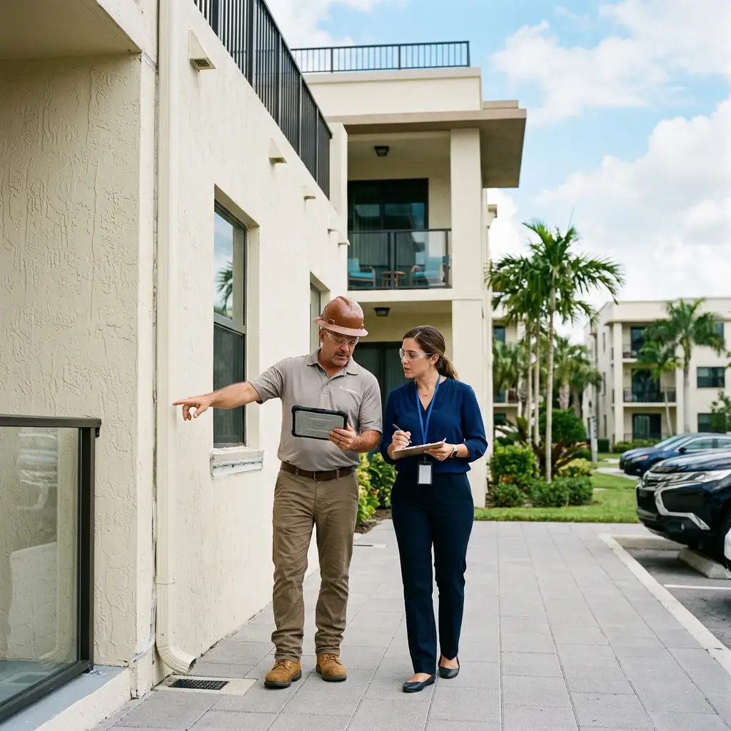 HOA property manager and commercial contractor inspecting exterior conditions during a preventive maintenance walkthrough in Broward County