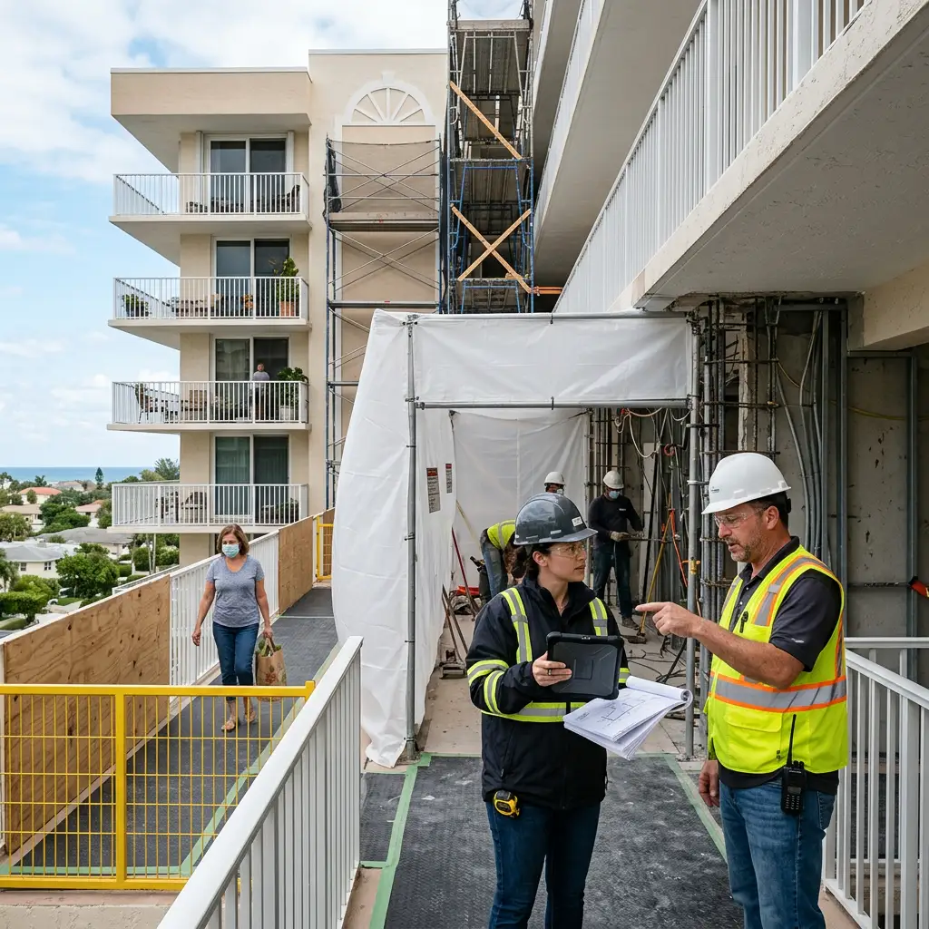 Engineer and construction supervisor coordinating an occupied condominium repair behind containment and protected resident access
