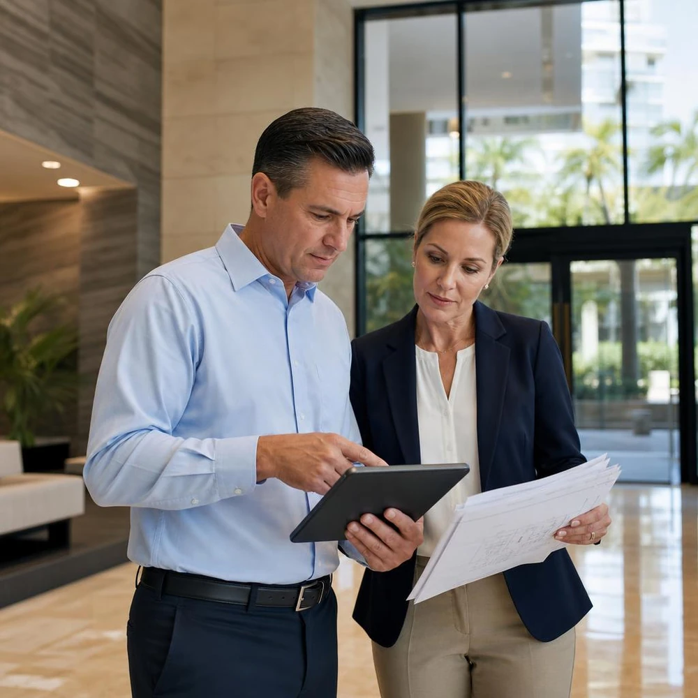 Building engineer and property manager reviewing condominium renovation plans and compliance documents in a modern lobby