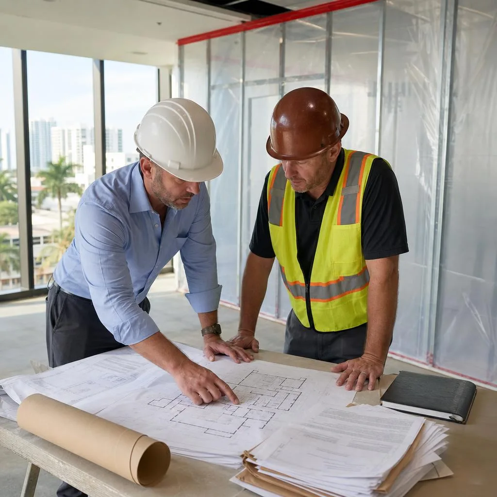Commercial demolition supervisor reviewing a site safety plan and marked utility locations before interior work