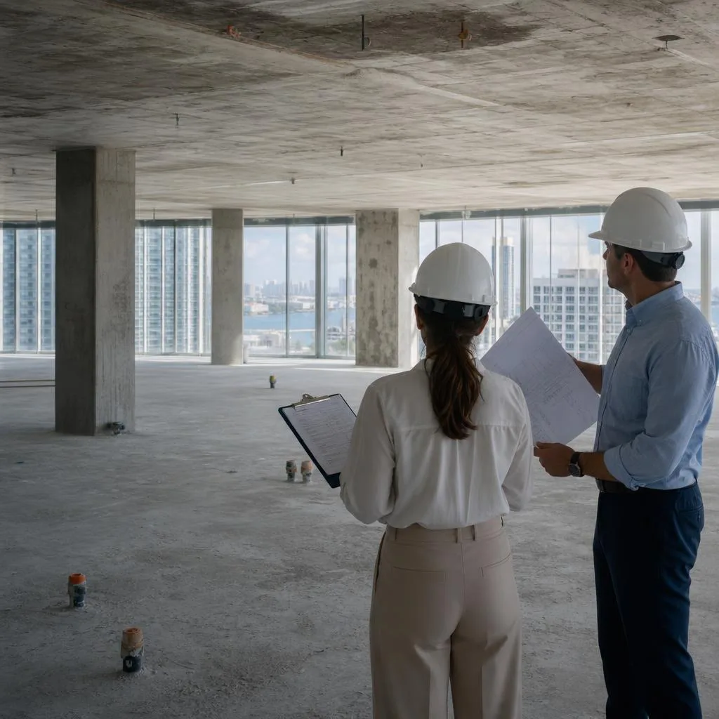 A cleared commercial suite with a project manager and construction lead reviewing documented conditions before the rebuild