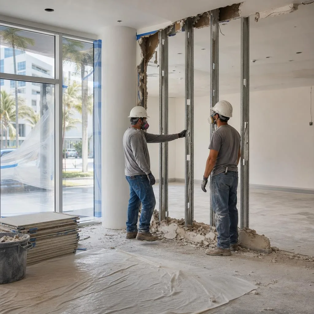 Selective demolition inside a commercial suite with a worker removing a partition while the surrounding shell remains