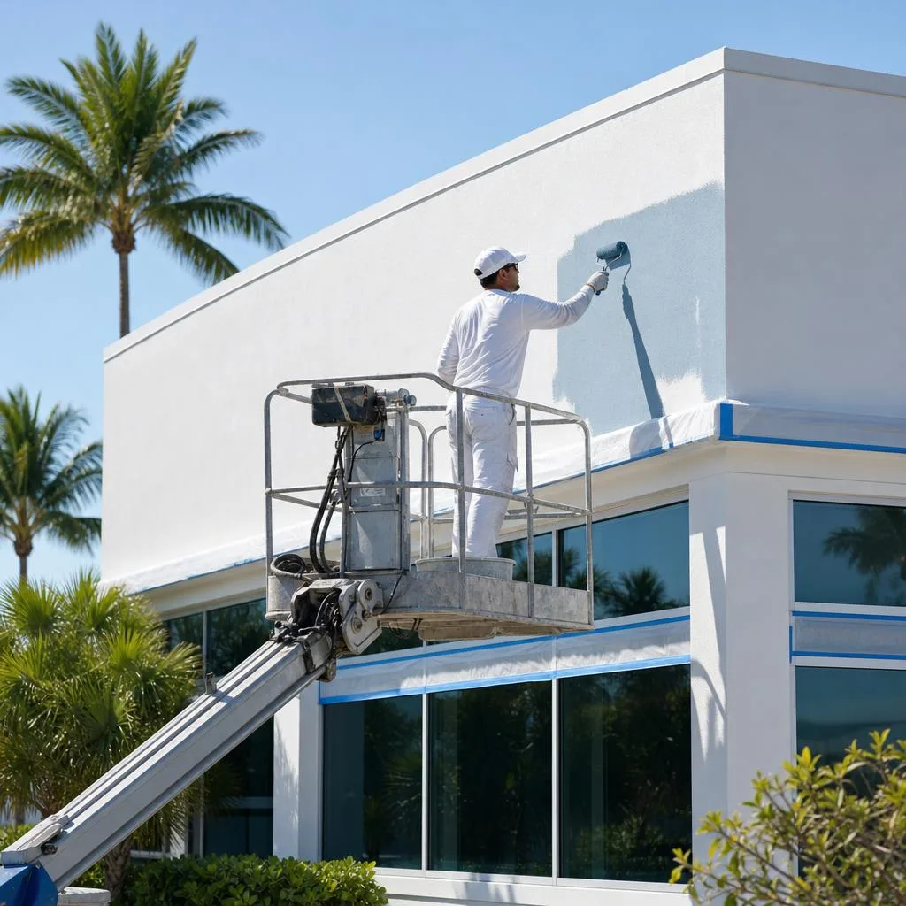 Commercial painter applying an exterior coating to prepared stucco on a Miami office building