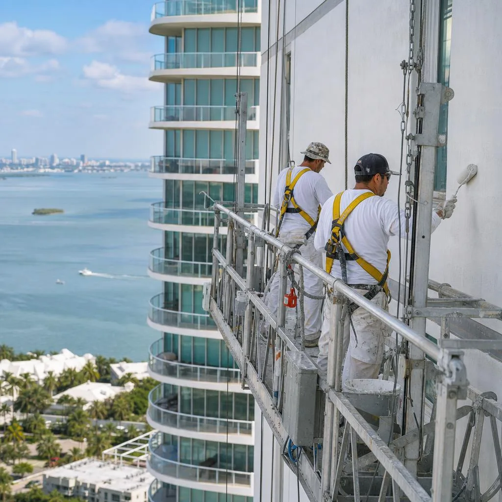 Professional exterior painters working from suspended access equipment on a Miami waterfront high-rise