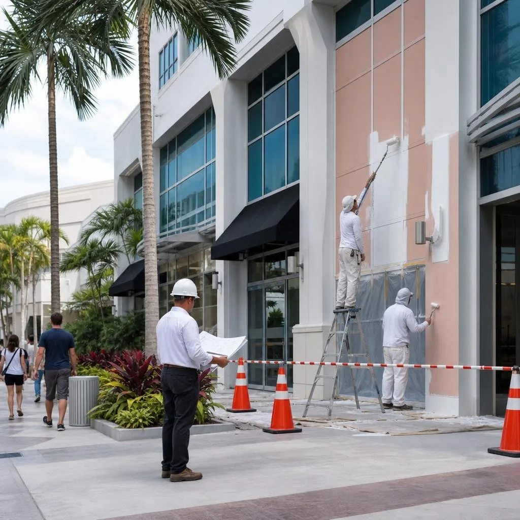 Commercial painting crew working behind barriers while an occupied Miami retail property remains accessible
