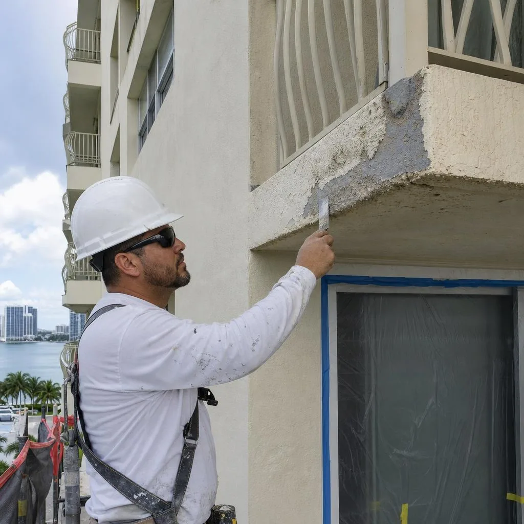 Worker inspecting damaged stucco and concrete on a Miami coastal condominium before exterior painting