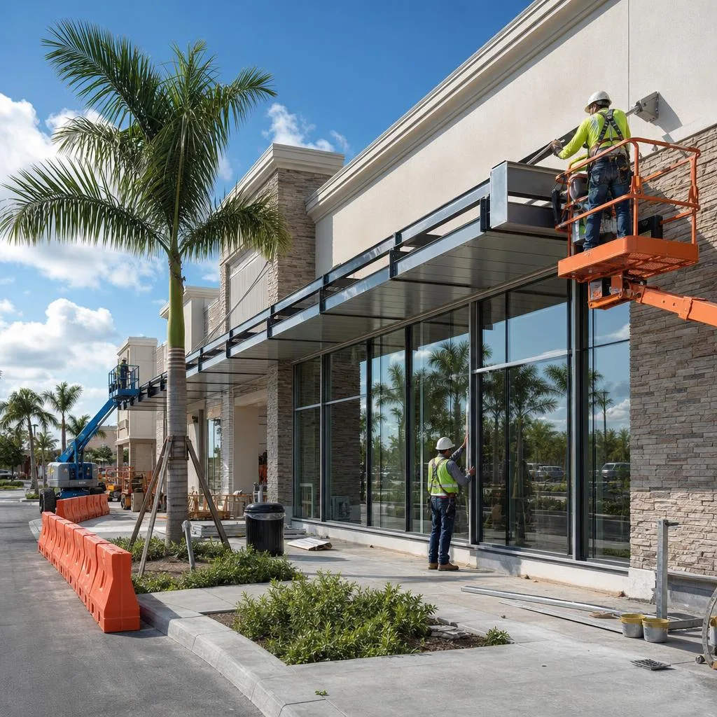 Commercial construction crews renovating a South Florida shopping center facade, canopy, and storefront glazing