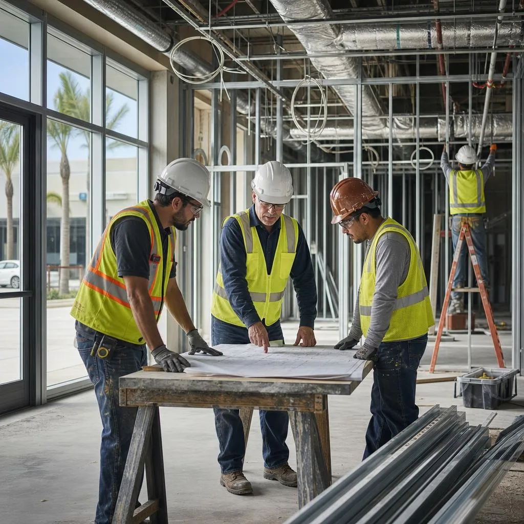 Commercial construction team reviewing plans inside an active South Florida retail tenant build-out