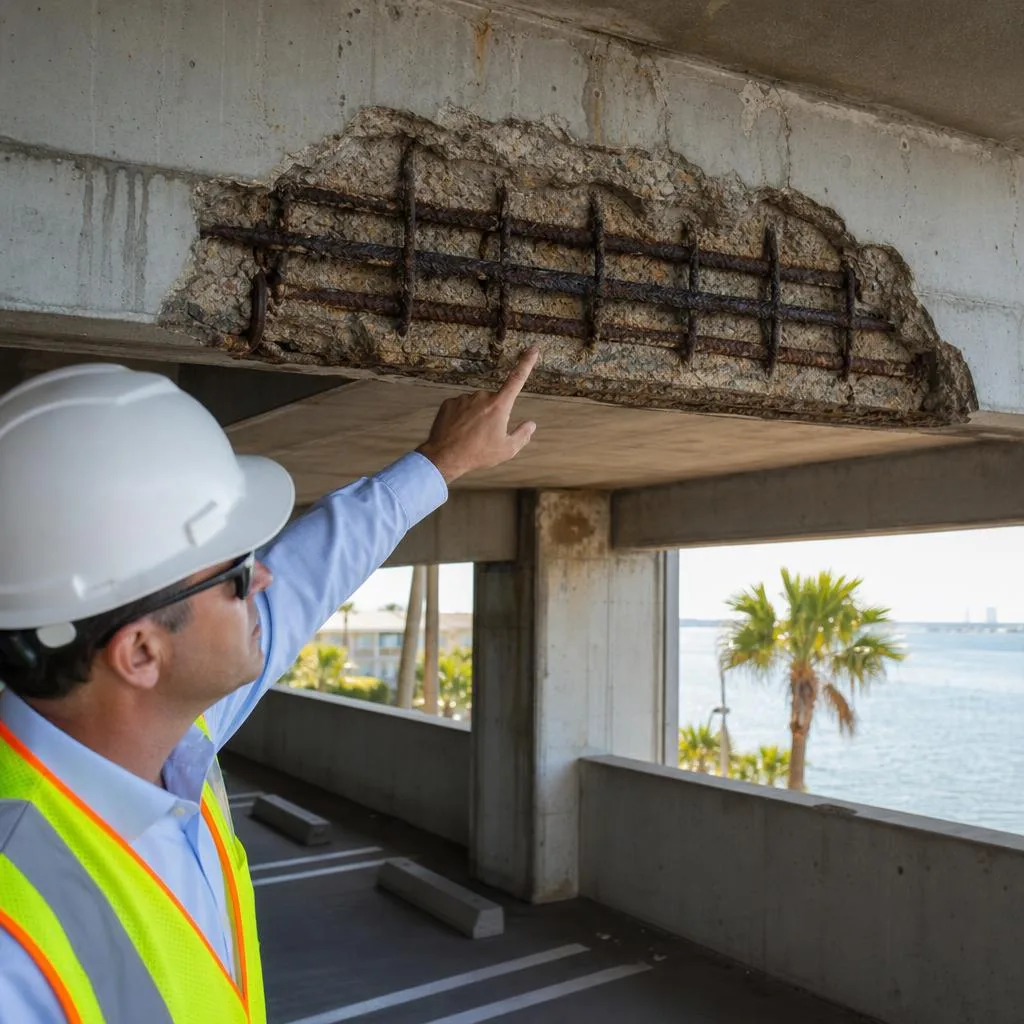 Engineer examining exposed corroded reinforcing steel and spalled concrete in a commercial parking structure