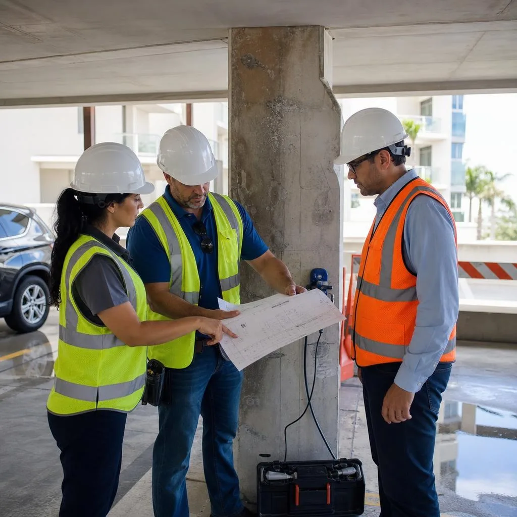 Engineer and construction manager reviewing structural inspection plans beside a concrete column in a South Florida parking garage