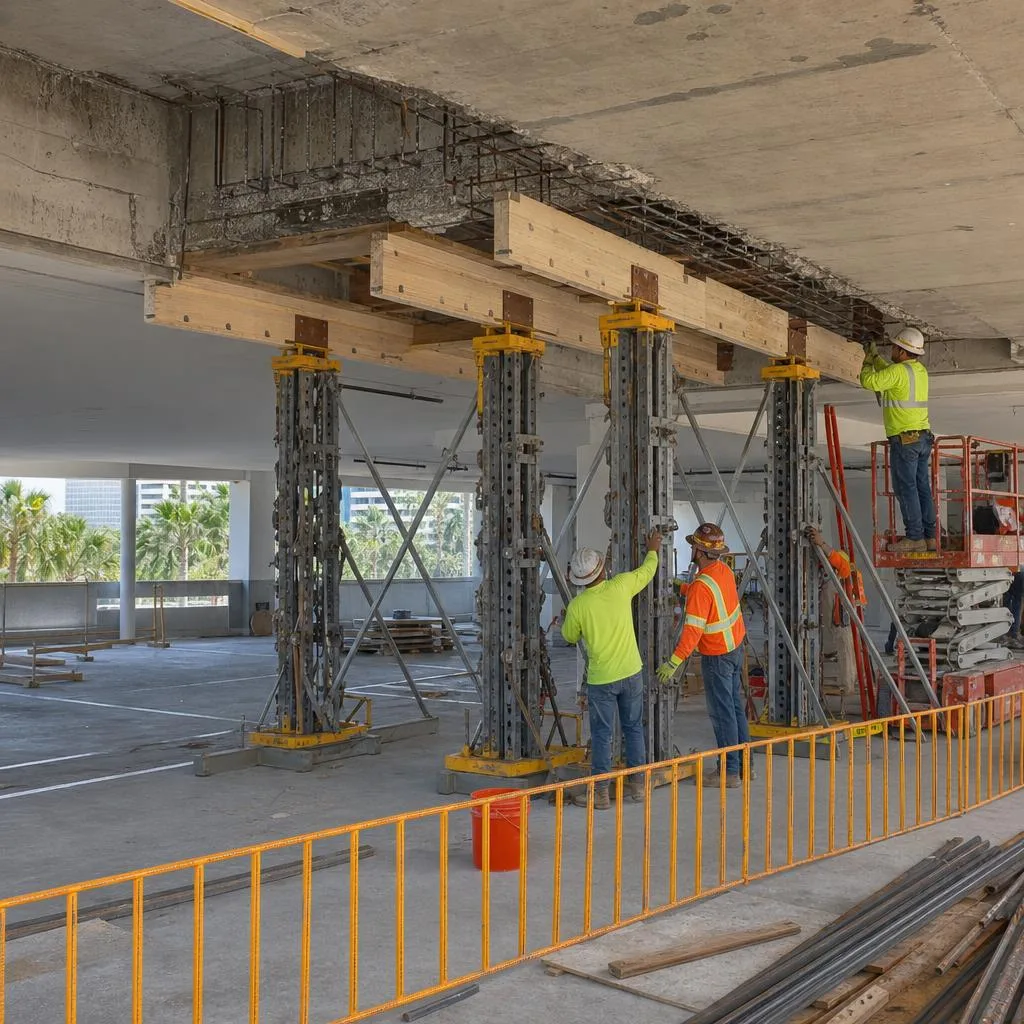Engineered temporary shoring and safety barriers supporting a commercial parking deck during structural concrete repair