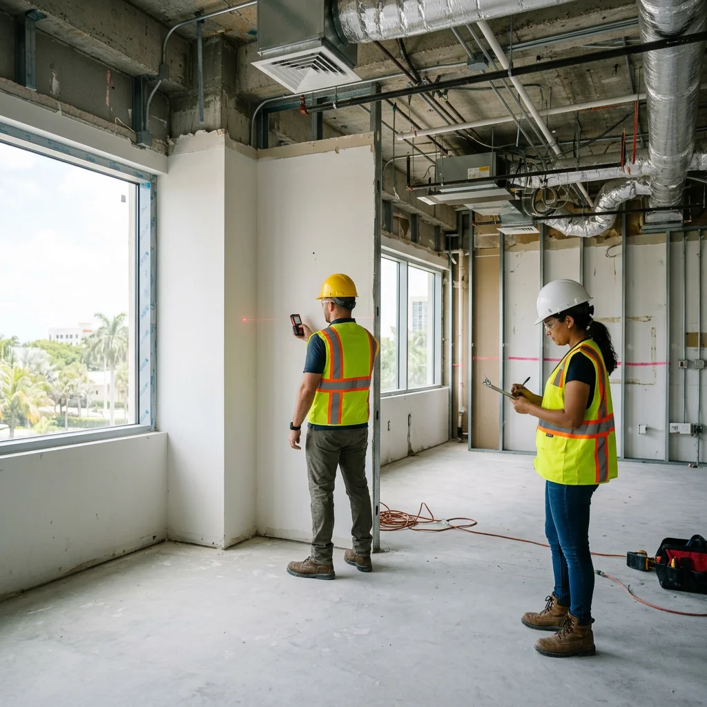 Construction professionals measure a commercial interior and record removal quantities for a demolition estimate