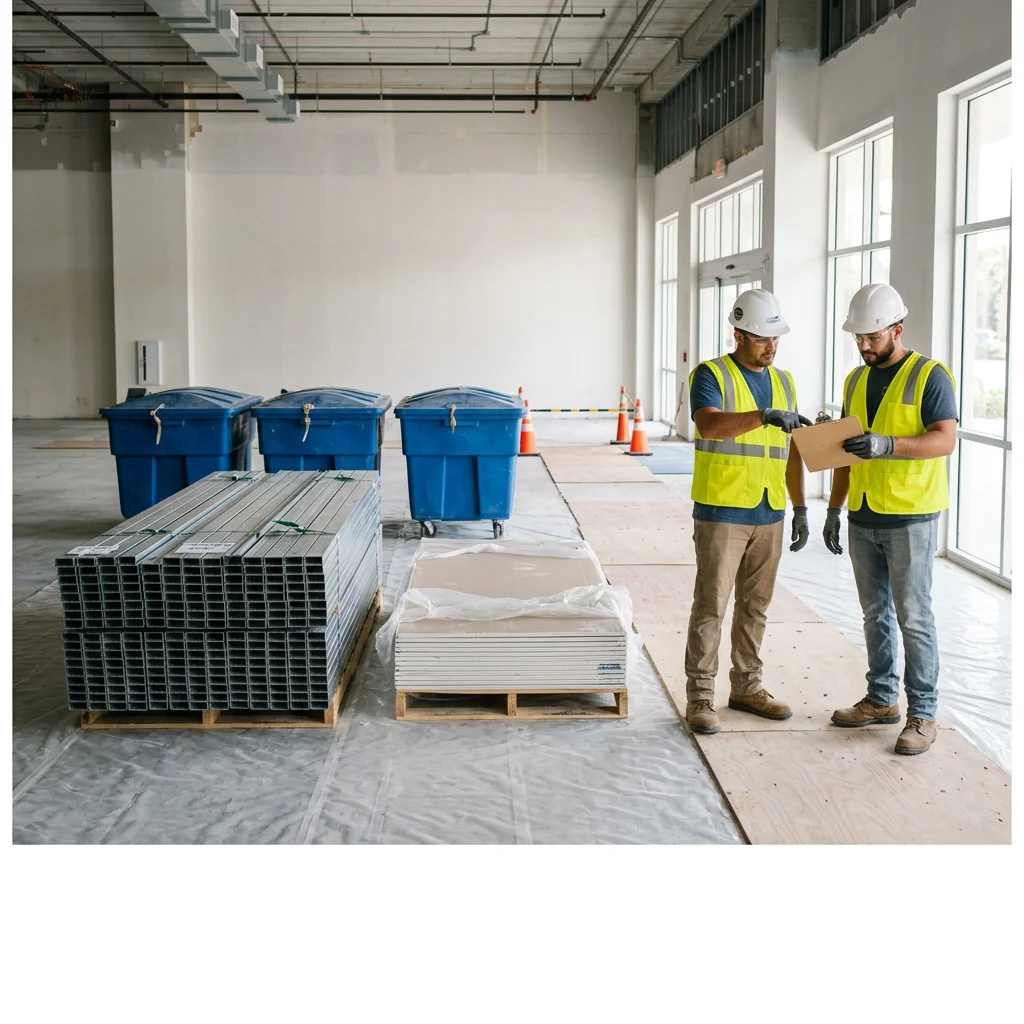 Sorted metal studs, drywall and debris containers in a commercial demolition site prepared for hauling and recycling