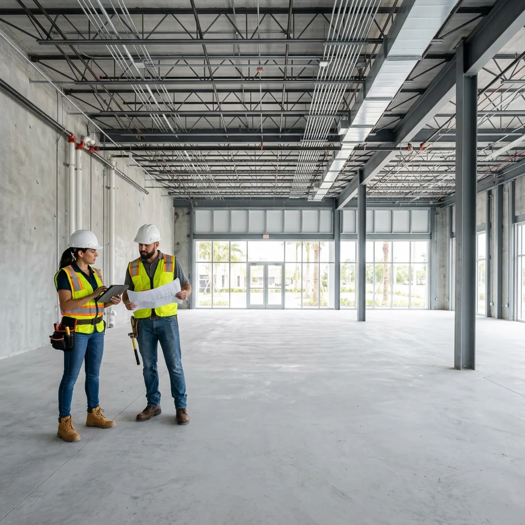 Construction professionals review the handoff of a cleared commercial retail shell ready for rebuilding